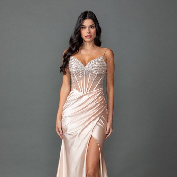 New Beads Embellished Sheath Prom Dress w/ V-Neck & Gathered Waistline DQ 4541 - Picture 1 of 9